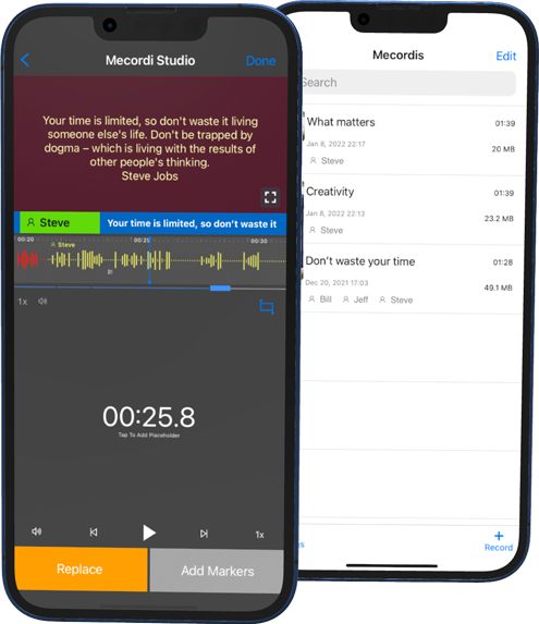 Two iphones in front of each other shows a list of mecordis and studio of mecordi.